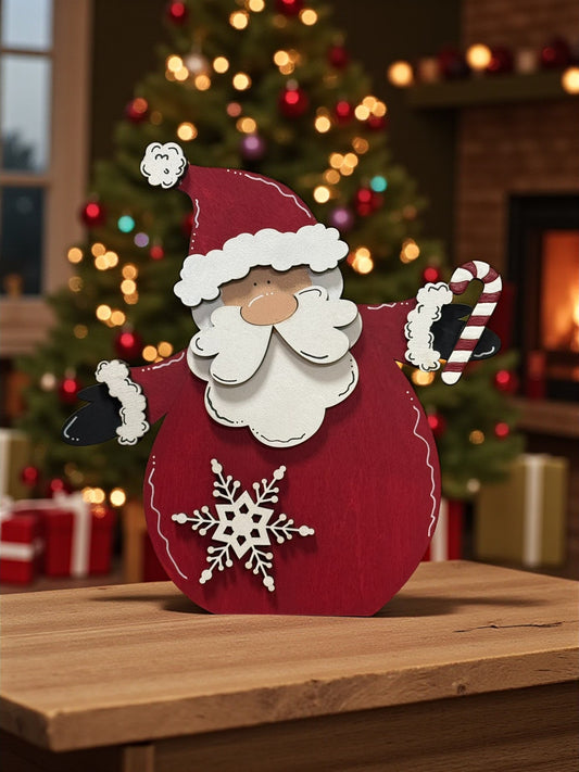 Jolly St. Nick Santa Shelf Sitter, Christmas Decor, Red & White Candy Canes Snowflakes, Holiday Table Centerpiece Santa figurine