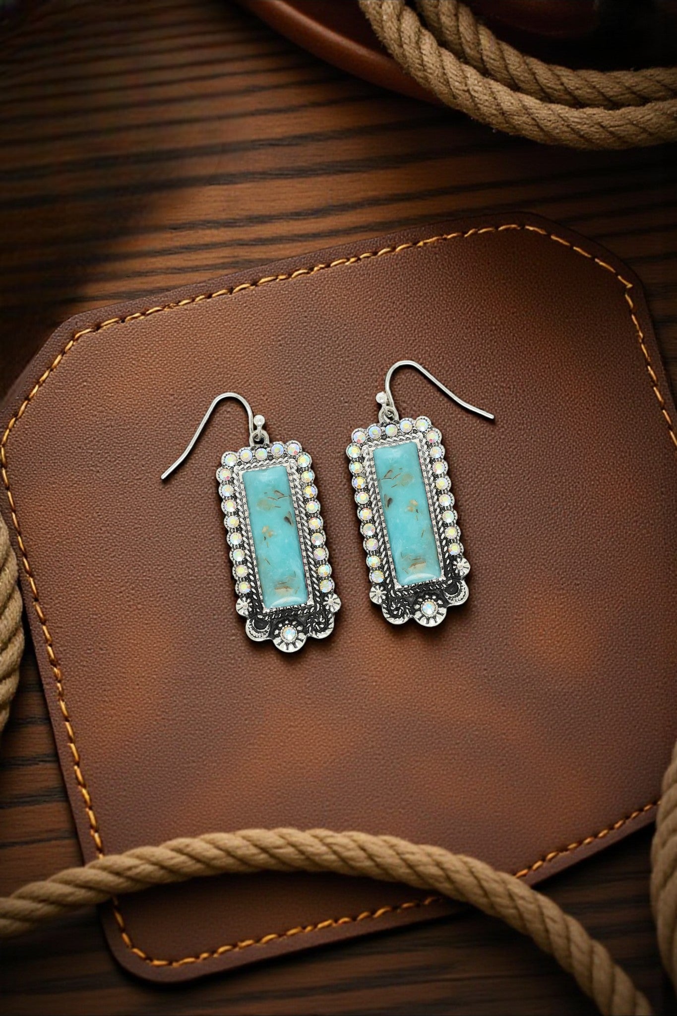 Western Rectangle Turquoise Concho Drop Earrings