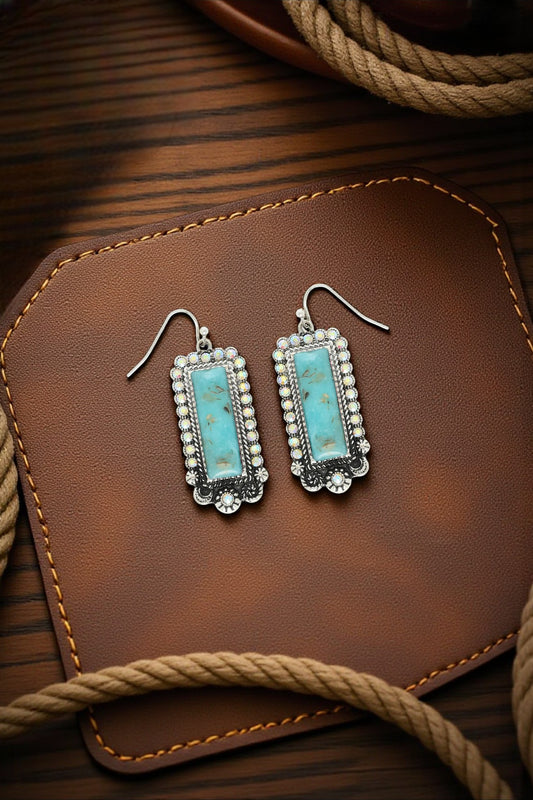 Western Rectangle Turquoise Concho Drop Earrings