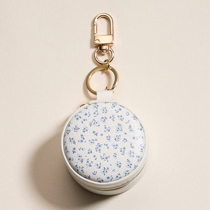 White & Blue Floral Print Mini Round Jewelry Travel Case with Keychain - Nifty Decor & More
