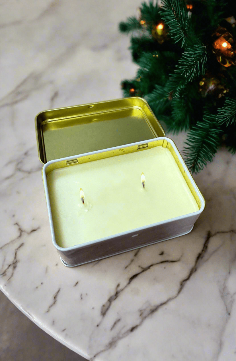 White Christmas 5.5 oz Rectangle Tin Candle LUX Candle Holder