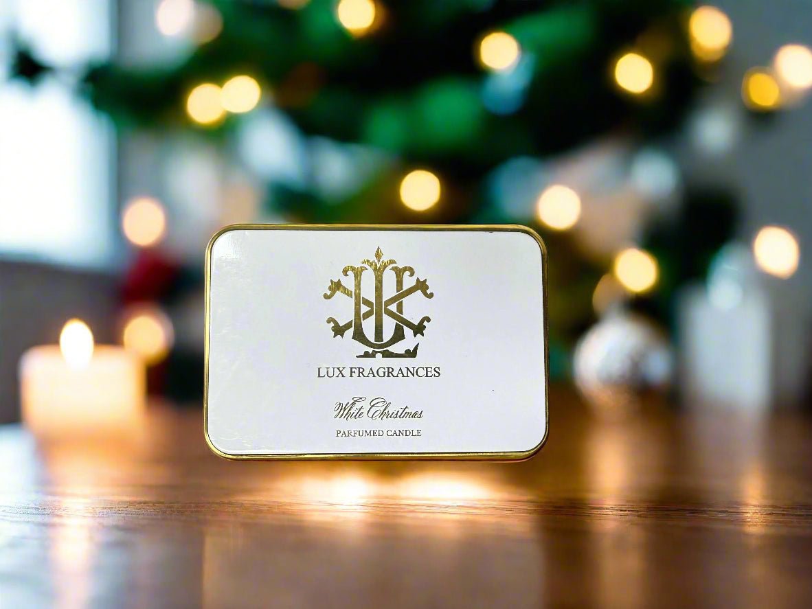 White Christmas 5.5 oz Rectangle Tin Candle LUX Candle Holder