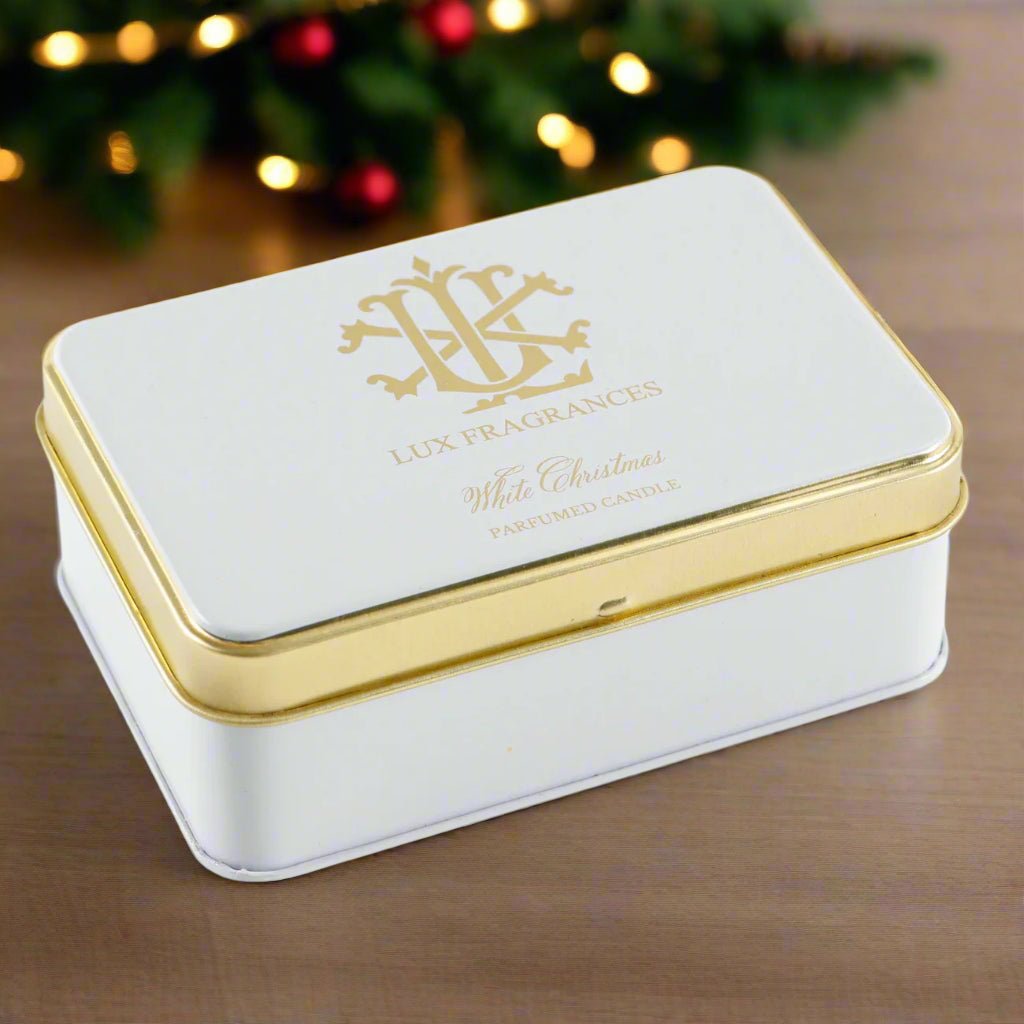 White Christmas 5.5 oz Rectangle Tin Candle LUX Candle Holder
