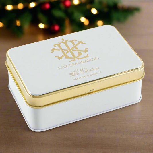 White Christmas 5.5 oz Rectangle Tin Candle LUX Candle Holder