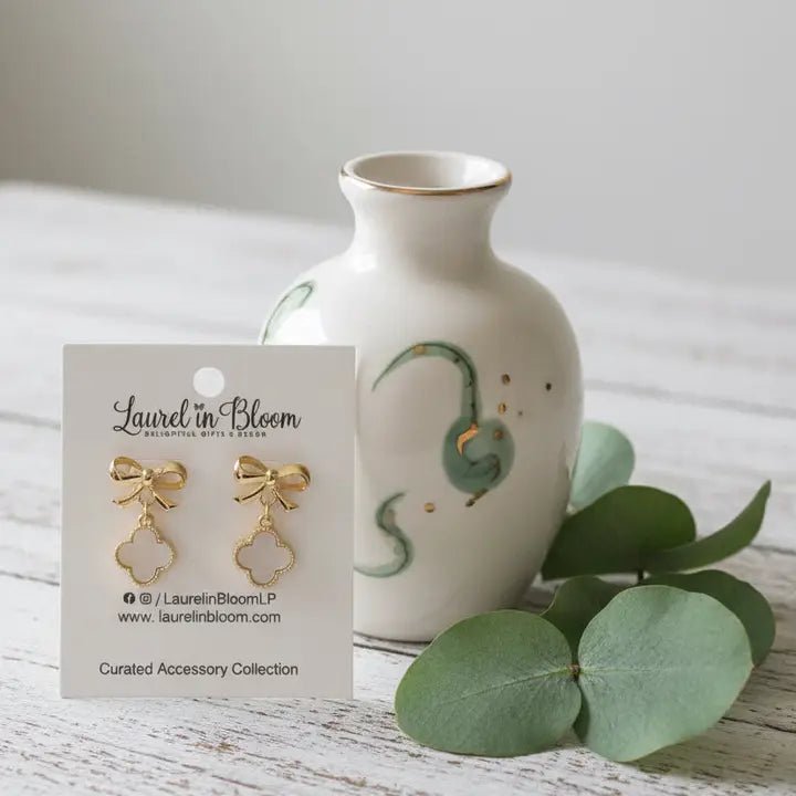 White Enamel Clover & Gold Ribbon Dangle Earrings - Nifty Decor & More