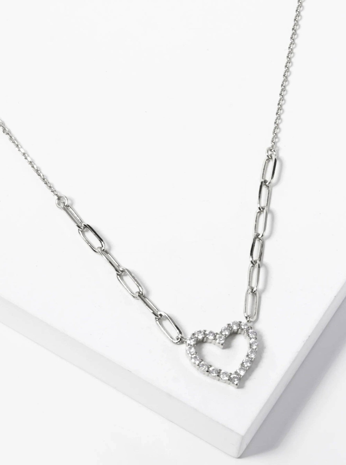 White Gold Dipped CZ Pave Heart Pendant Necklace Valentine Necklace