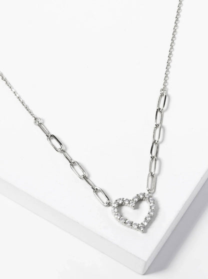 White Gold Dipped CZ Pave Heart Pendant Necklace Valentine Necklace