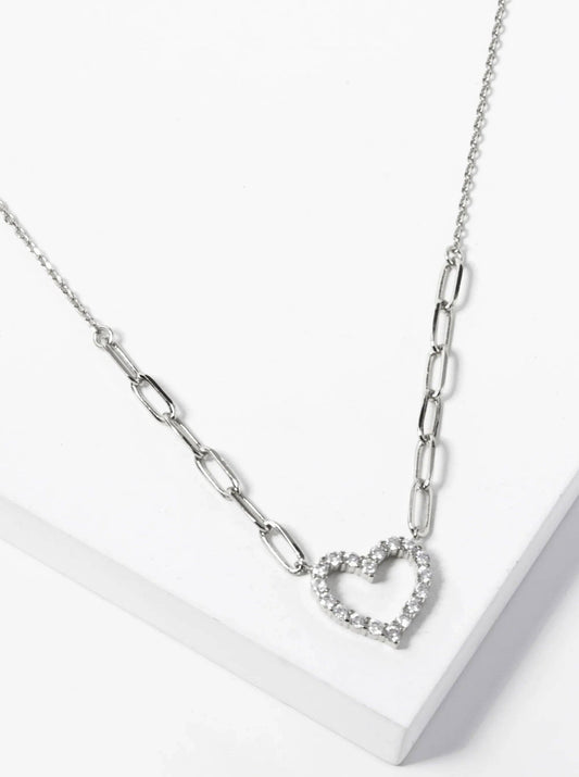 White Gold Dipped CZ Pave Heart Pendant Necklace Valentine Necklace