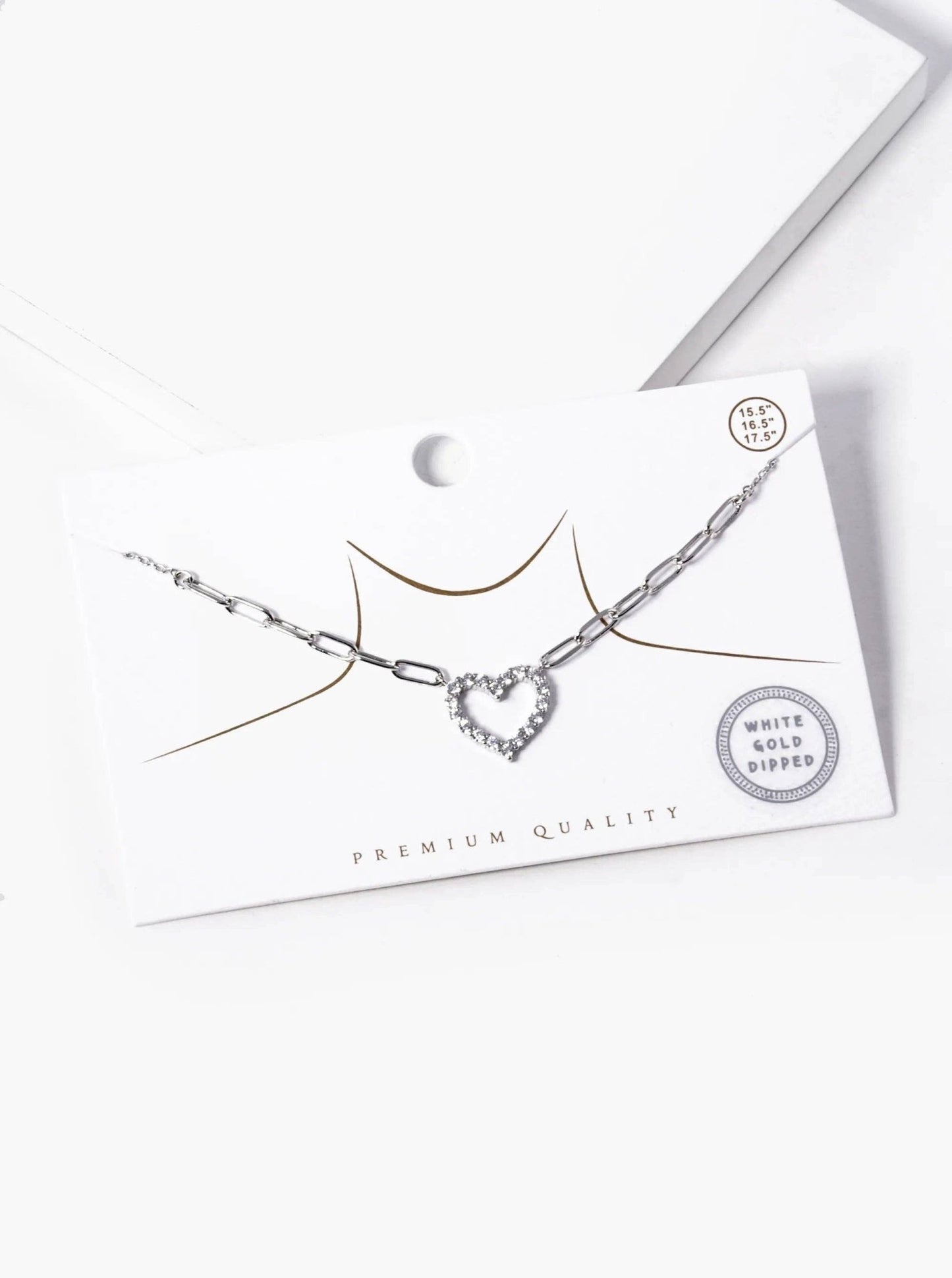 White Gold Dipped CZ Pave Heart Pendant Necklace Valentine Necklace