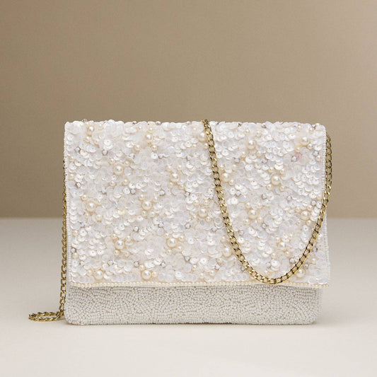 White Pearl & Sequin Clutch Purse, Chic Beaded Evening Bag with Gold Chain for Weddings, Special Events, Ladies Gift Idea Bride Bags