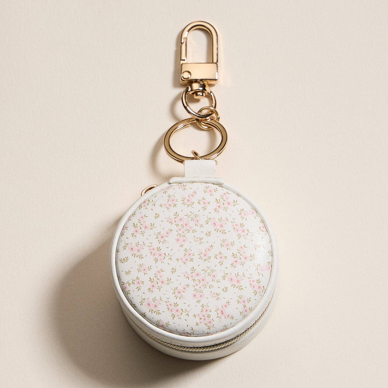 White & Pink Floral Print Mini Round Jewelry Travel Case with Keychain - Nifty Decor & More