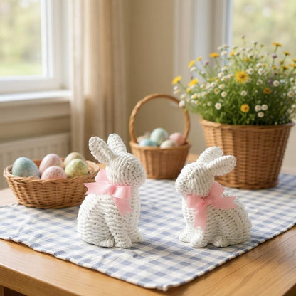 White Woven Bunny Set of 2 | 5.25" Decorative Easter Bunnies for Home, Spring Decor, and Gift Giving Easter Shelf Sitter
