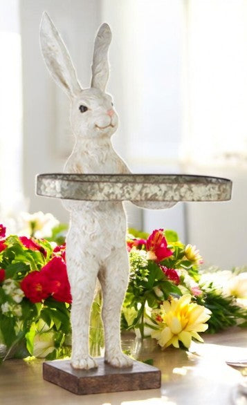 RAZ - 28" Rabbit with Tray | Spring Home Decor | Cute Bunny Figurine for Easter & Spring | Seasonal Decorative Accent Table decor