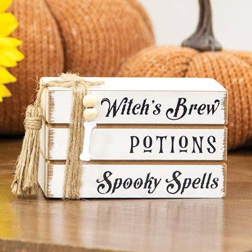 Witch's Brew, Potions, Spooky Spells Mini Wooden Book Stack - Nifty Decor & More
