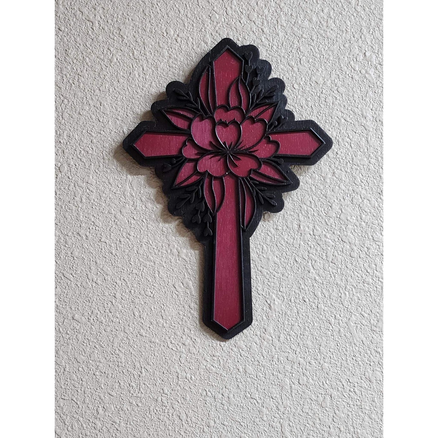 Layered Wood Cross Wall Decor Small Maroon/Black