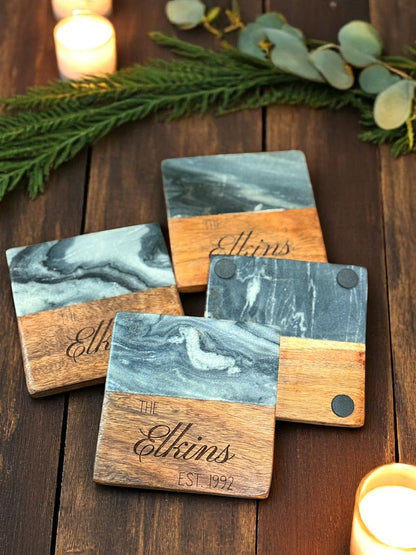 Wooden Marble Personalized Coasters, Elegant Custom Wedding & Anniversary Drinkware, Unique Couple’s Gift - Nifty Decor & More