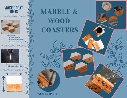 Wooden Marble Personalized Coasters, Elegant Custom Wedding & Anniversary Drinkware, Unique Couple’s Gift - Nifty Decor & More