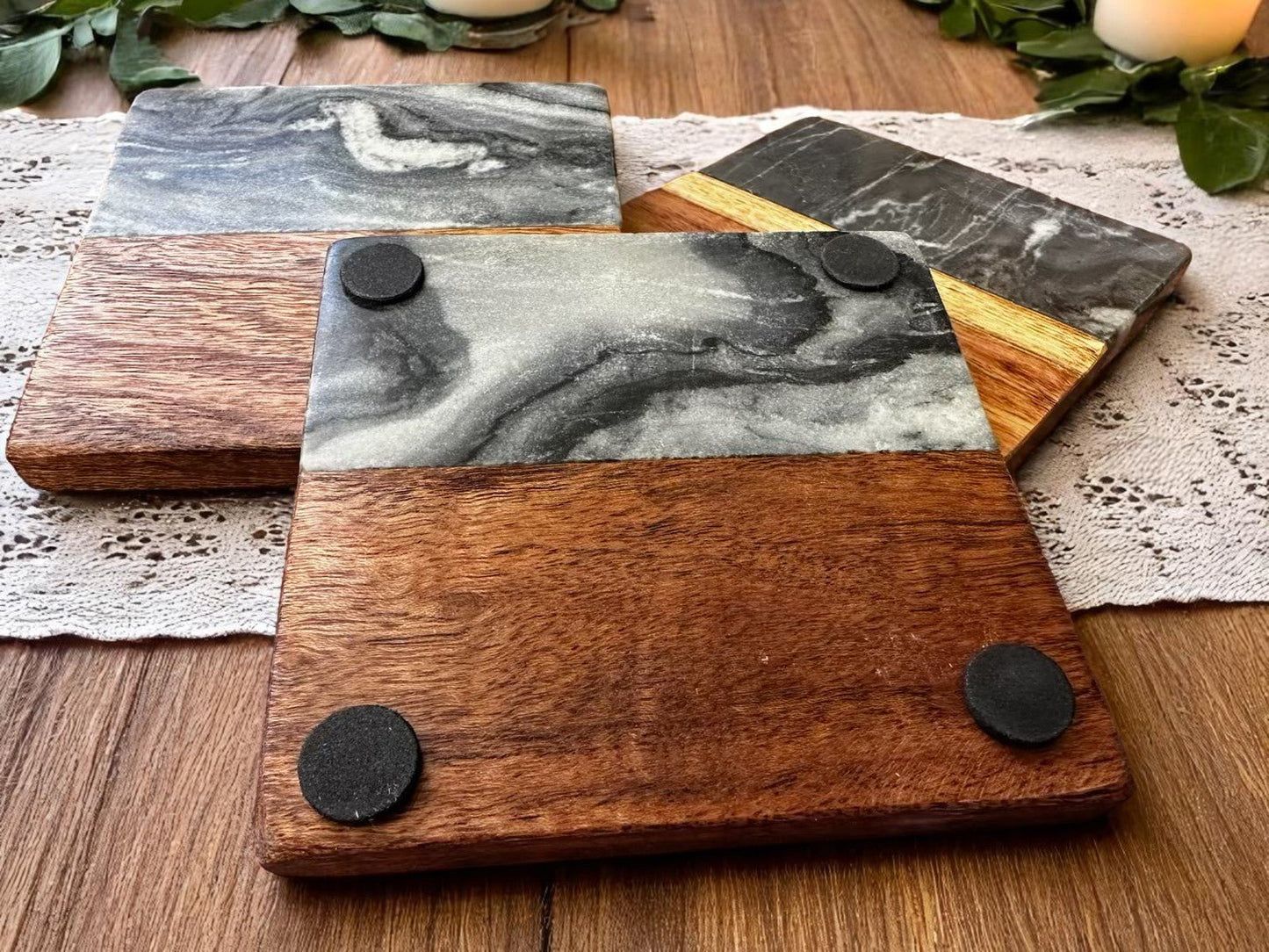 Wooden Marble Personalized Coasters, Elegant Custom Wedding & Anniversary Drinkware, Unique Couple’s Gift - Nifty Decor & More