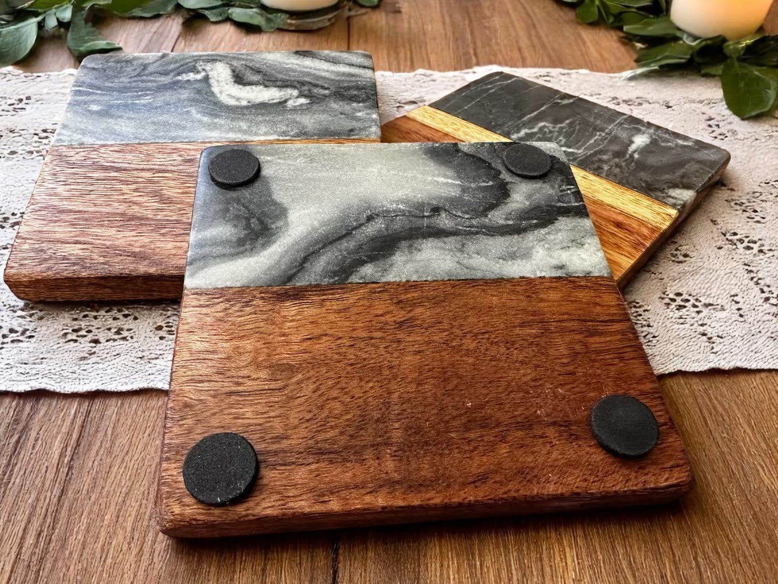 Wooden Marble Personalized Coasters, Elegant Custom Wedding & Anniversary Drinkware, Unique Couple’s Gift - Nifty Decor & More