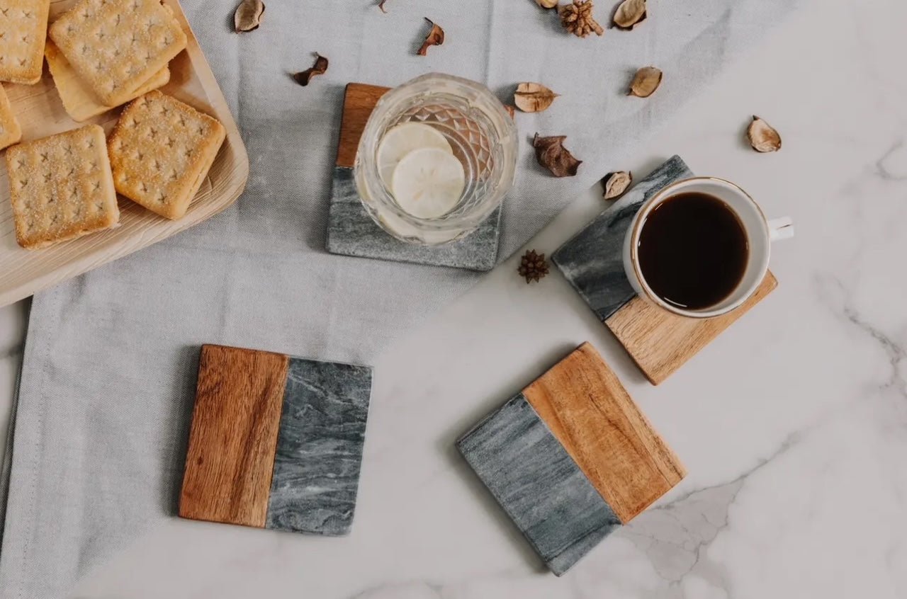 Wooden Marble Personalized Coasters, Elegant Custom Wedding & Anniversary Drinkware, Unique Couple’s Gift - Nifty Decor & More