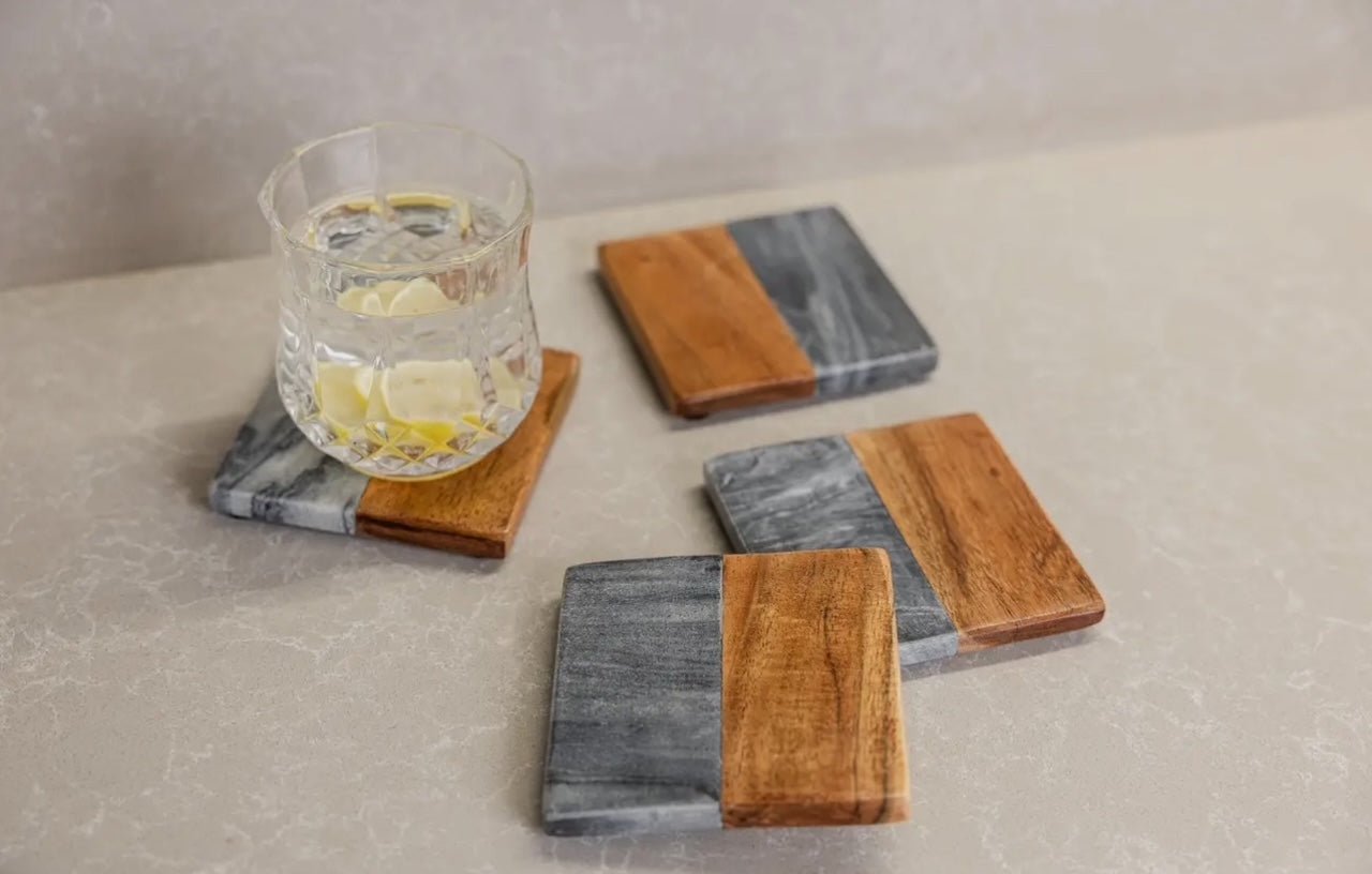 Wooden Marble Personalized Coasters, Elegant Custom Wedding & Anniversary Drinkware, Unique Couple’s Gift - Nifty Decor & More