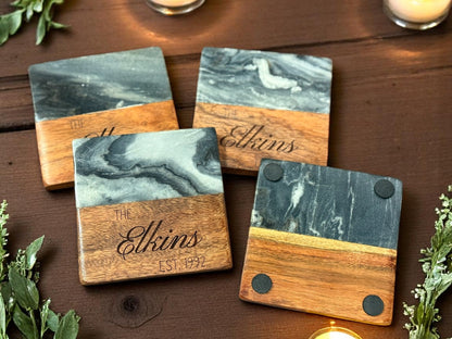 Wooden Marble Personalized Coasters, Elegant Custom Wedding & Anniversary Drinkware, Unique Couple’s Gift - Nifty Decor & More