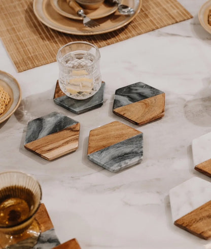 Wooden Marble Personalized Coasters, Elegant Custom Wedding & Anniversary Drinkware, Unique Couple’s Gift - Nifty Decor & More