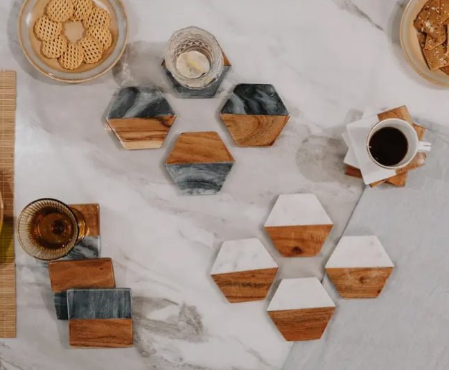 Wooden Marble Personalized Coasters, Elegant Custom Wedding & Anniversary Drinkware, Unique Couple’s Gift - Nifty Decor & More