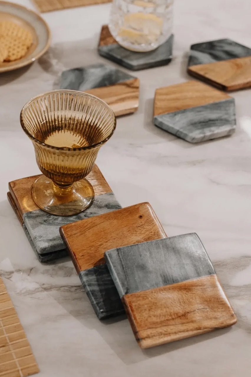 Wooden Marble Personalized Coasters, Elegant Custom Wedding & Anniversary Drinkware, Unique Couple’s Gift - Nifty Decor & More