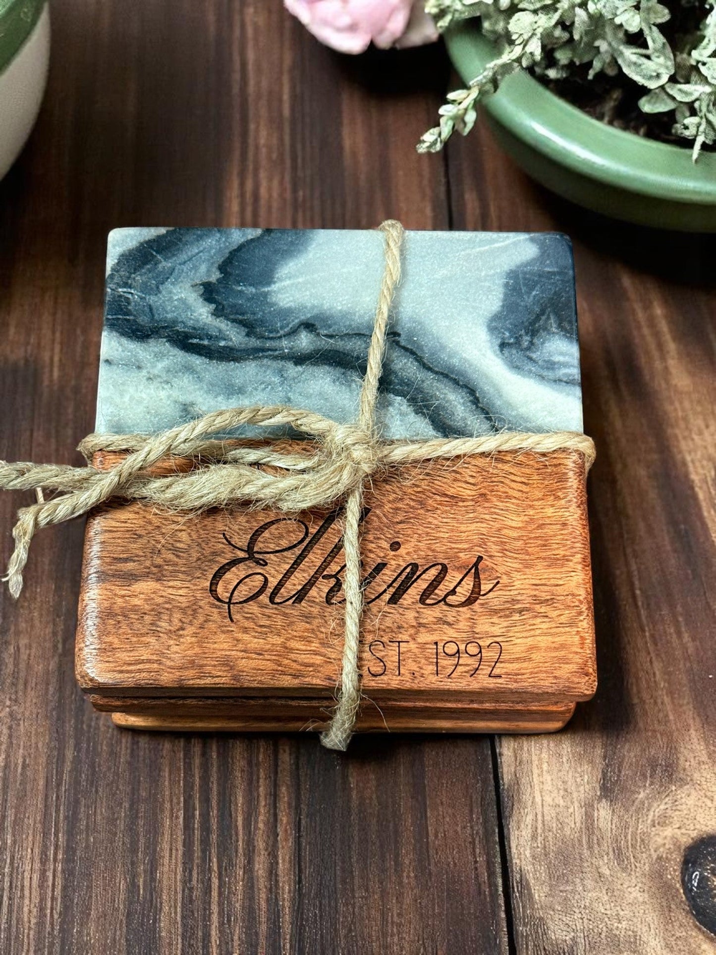 Wooden Marble Personalized Coasters, Elegant Custom Wedding & Anniversary Drinkware, Unique Couple’s Gift - Nifty Decor & More