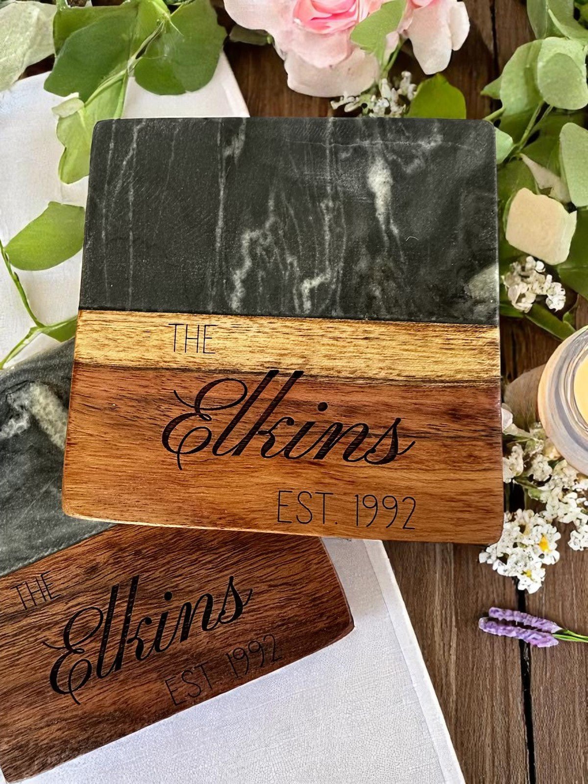 Wooden Marble Personalized Coasters, Elegant Custom Wedding & Anniversary Drinkware, Unique Couple’s Gift - Nifty Decor & More