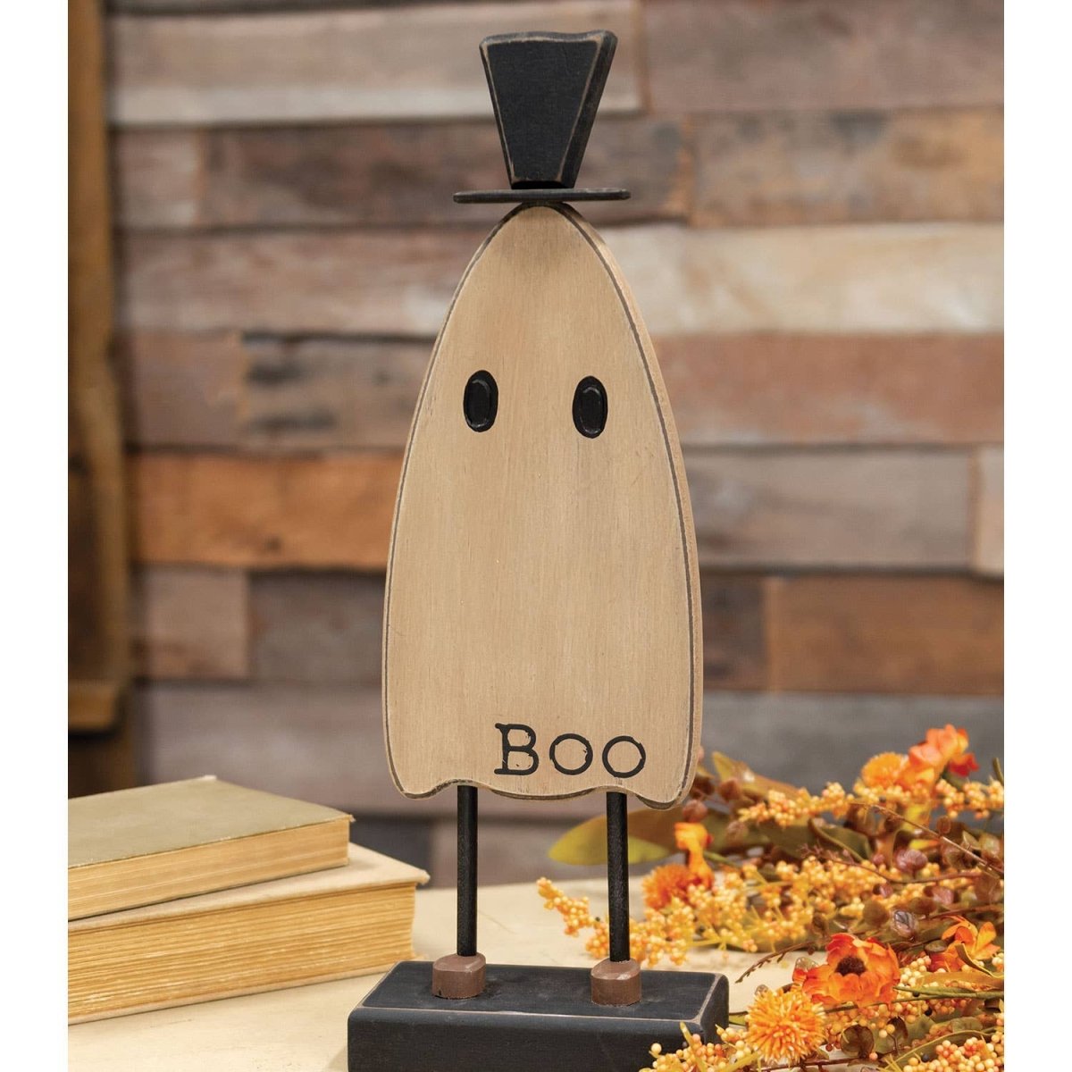 Wooden Top Hat Boo Ghost on Base - Nifty Decor & More
