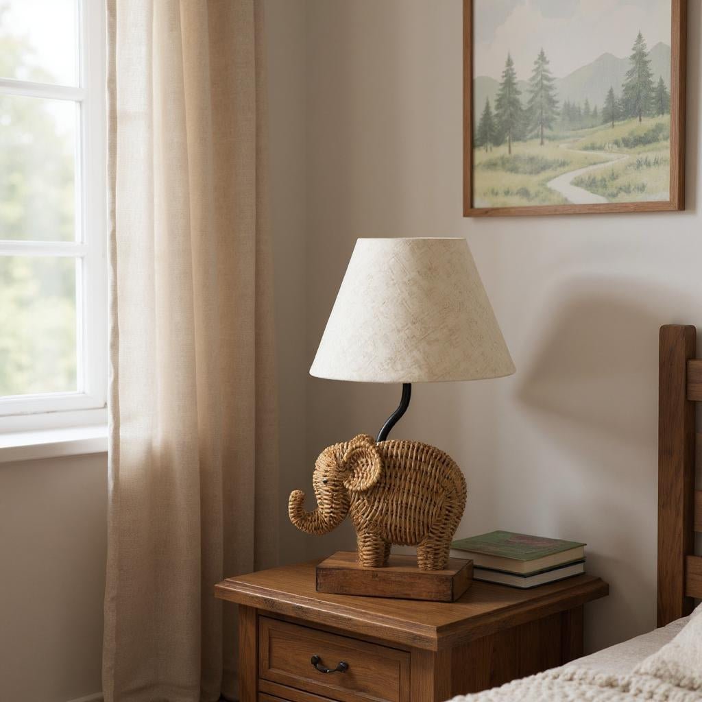 Woven Elephant Lamp with Shade, 15.5" Handcrafted Boho Decor, Stylish Ambient Lighting, Unique Home & Gift Idea Animal Lamp