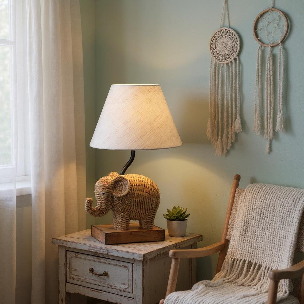 Woven Elephant Lamp with Shade, 15.5" Handcrafted Boho Decor, Stylish Ambient Lighting, Unique Home & Gift Idea Animal Lamp