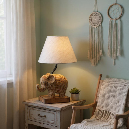 Woven Elephant Lamp with Shade, 15.5" Handcrafted Boho Decor, Stylish Ambient Lighting, Unique Home & Gift Idea Animal Lamp