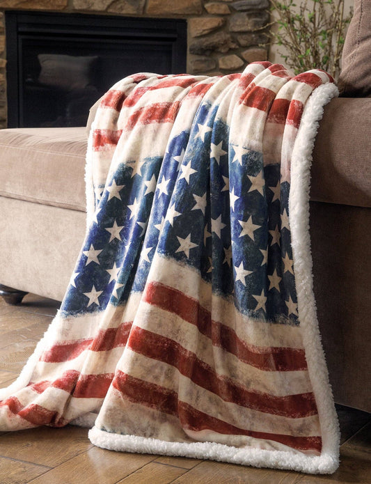 Wrangler Stars & Stripes USA American Flag Plush Fur Sherpa Borrego Fleece Throw Blanket - Nifty Decor & More