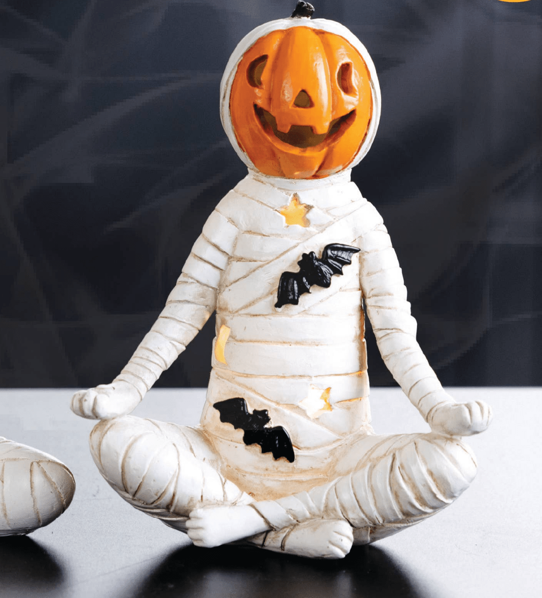 Yoga Mummy Halloween Resin Lighted LED Orange White - Nifty Decor & More