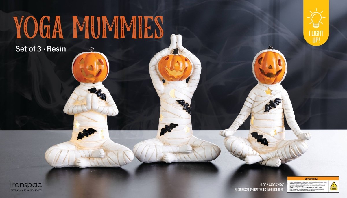 Yoga Mummy Halloween Resin Lighted LED Orange White - Nifty Decor & More
