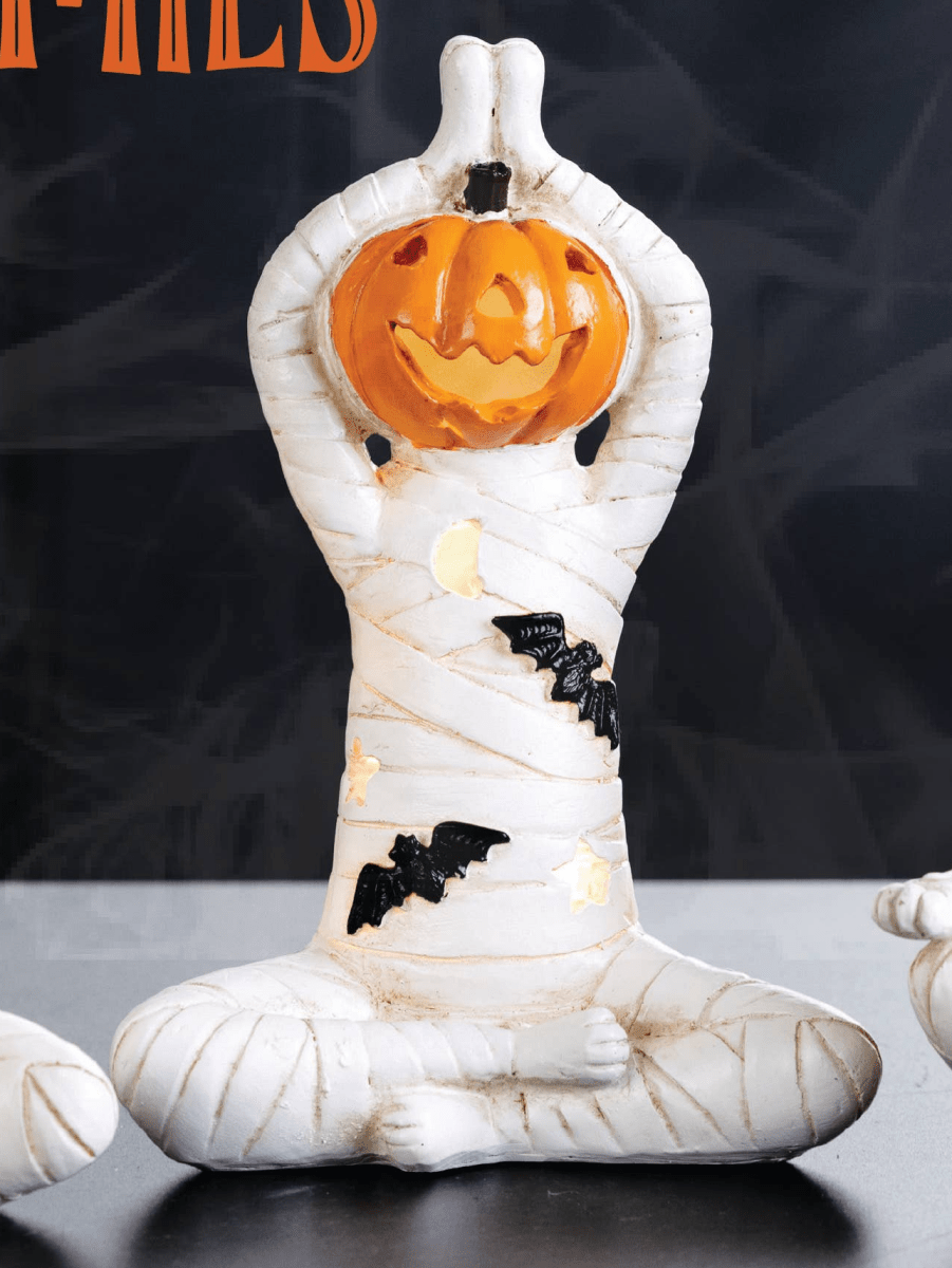 Yoga Mummy Halloween Resin Lighted LED Orange White - Nifty Decor & More
