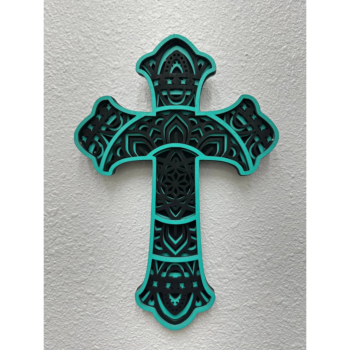 Layered Wood Cross Wall Decor Small Turquoise/Black