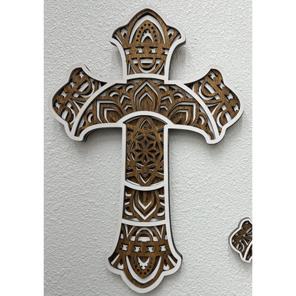 Layered Wood Cross Wall Decor Large White/Dark Stain