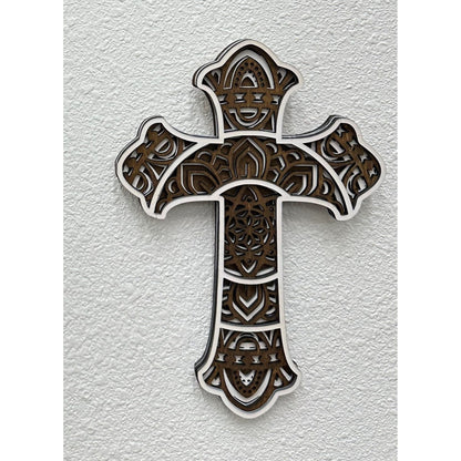 Layered Wood Cross Wall Decor Small White/Dark Stain